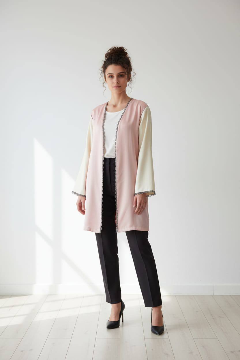 Kimono Abaya Artisanal de Fès – Bicolore Pastel – Taille Standard