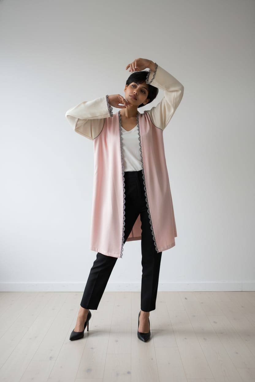 Kimono Abaya Artisanal de Fès – Bicolore Pastel – Taille Standard